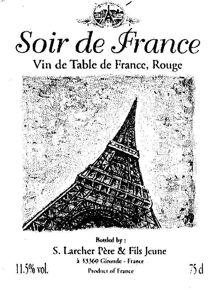 Mẫu nhãn hiệu Soir de France Vin de Table de France, Rouge