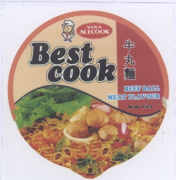 Mẫu nhãn hiệu BEST COOK Mì Bò VIÊN VINA ACECOOK BEEF BALL MEAT FLAVOUR NIU HUAN MIAN OPEN