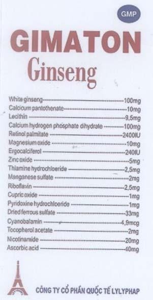 Mẫu nhãn hiệu GIMATON LYLYPHAP LILY FRANCE GINSENG CTY CP QUOC TE