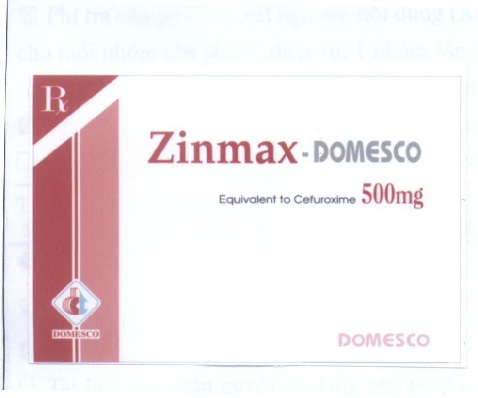 Mẫu nhãn hiệu ZINMAX - DOMESCO DT RX EQUIVADENT TO CEFUROXIME 500MG