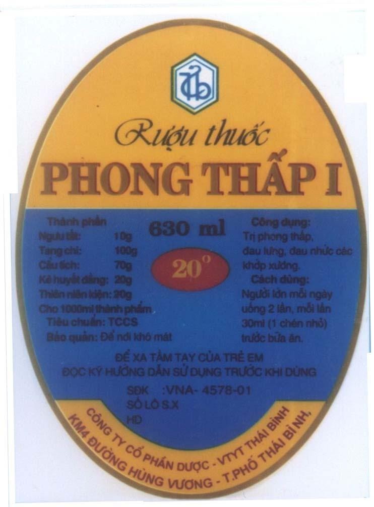 Mẫu nhãn hiệu Rượu thuốc Phong Thấp I Tb Công ty cổ phần dược - VTYT Thái Bình