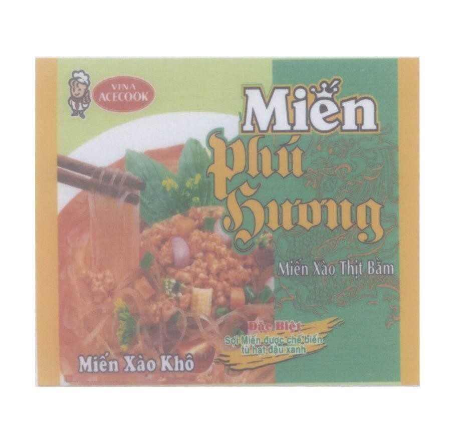 Mẫu nhãn hiệu VINA ACECOOK Miến Xào Khô Miến Phú Hương Miến Xào Thịt Bằm Đặc Biệt Sợi Miến được chế biến từ hạt đậu xanh