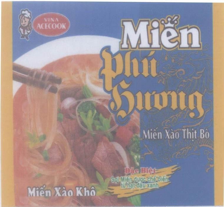 Mẫu nhãn hiệu VINA ACECOOK Miến Xào Khô Miến Phú Hương Miến Xào Thịt Bò Đặc Biệt Sợi Miến được chế biến từ hạt đậu xanh