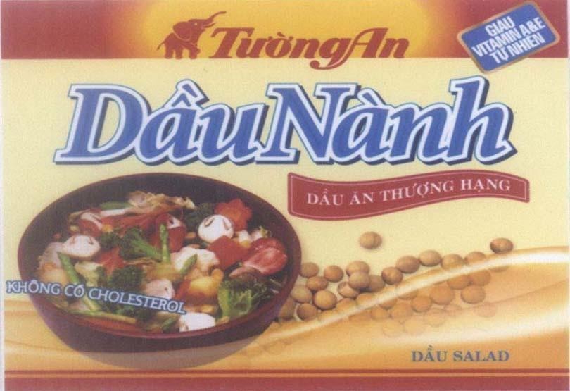 Mẫu nhãn hiệu Tường An Dầu Nành Dầu Ăn Thượng Hạng Không Có CHOLESTEROL Giàu VITAMIN A&E Tự Nhiên