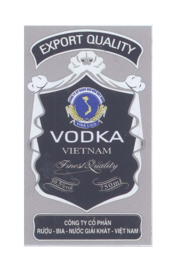 Mẫu nhãn hiệu VINA LICO EXPORT QUALITY Công ty cổ phần rượu-bia-nước giải khát-Việt Nam VODKA VIET NAM Finest Quality 39,5%vol 750ml