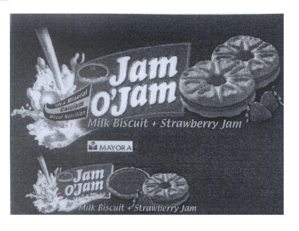 Mẫu nhãn hiệu MAYORA Jam O'Jam Milk Biscuit + Strawberry Jam vit & Mineral, Calcium, Wheat Nutrition