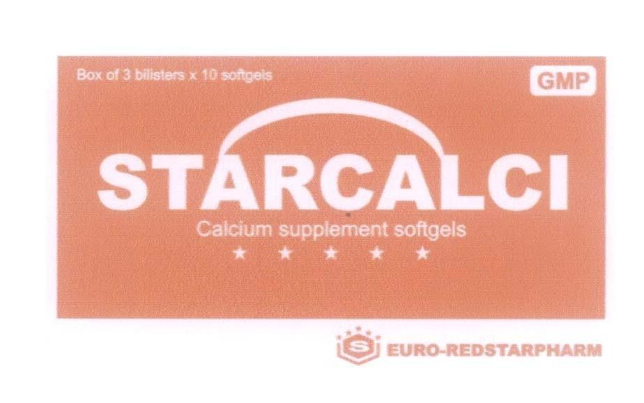 Mẫu nhãn hiệu STARCALCI GMP S EURO-REDSTARPHARM Box of 3 bilisters x 10 softgels Calcium supplement softgels