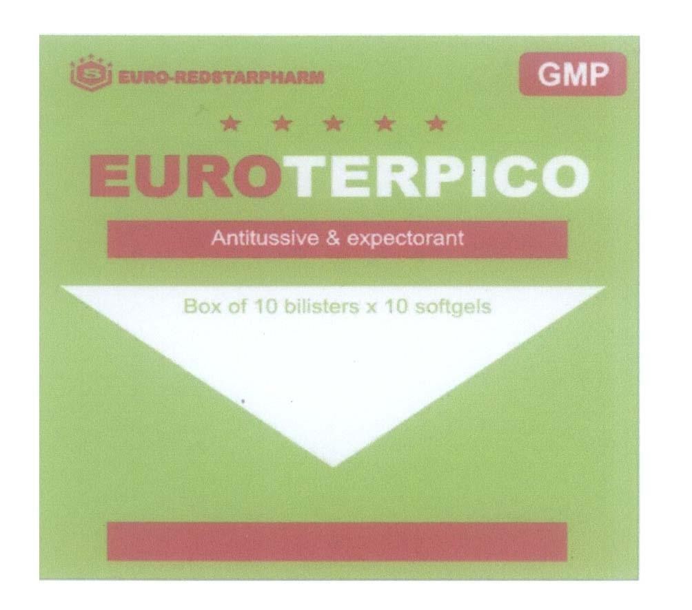 Mẫu nhãn hiệu EUROTERPICO Antitussive & expectorant S EURO-REDSTARPHARM GMP Box of 10 bilisters x 10 softgels