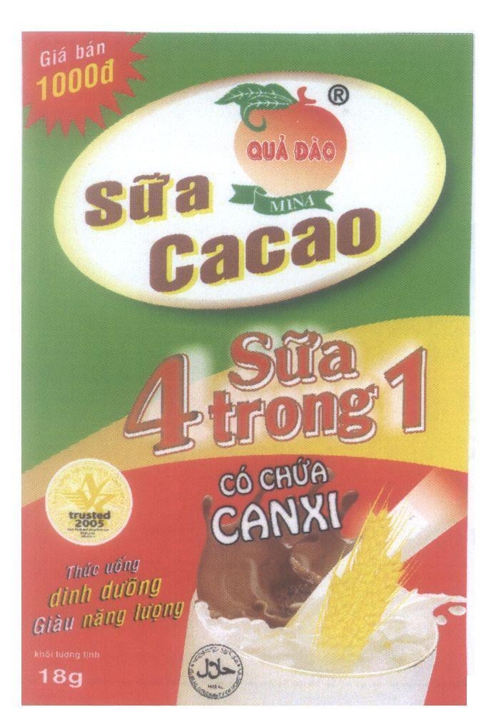 Mẫu nhãn hiệu Sữa Cacao Quả Đào MINA Sữa 4 trong 1 Có Chứa CANXI Giá bán1000đ thức uống dinh dưỡng Giàu năng lượng khối lượng tịnh 18g