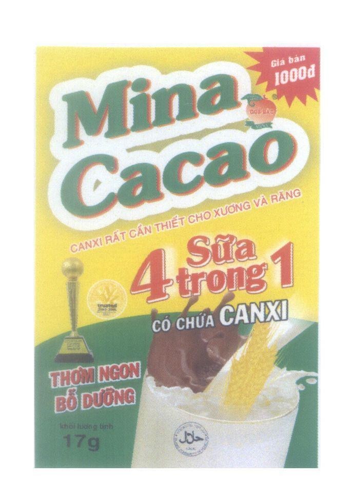 Mẫu nhãn hiệu Mina Cacao CANXI Rất Cần Thiết Cho Xương Và Răng Thơm Ngon Bổ Dưỡng Sữa 4 trong 1 Có Chứa CANXI