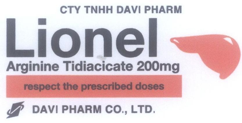 Mẫu nhãn hiệu CTY TNHH DAVI PHARM Lionel Arginine Tidiacicate 200mg respect he prescribed doses DAVI PHARM CO., LTD.