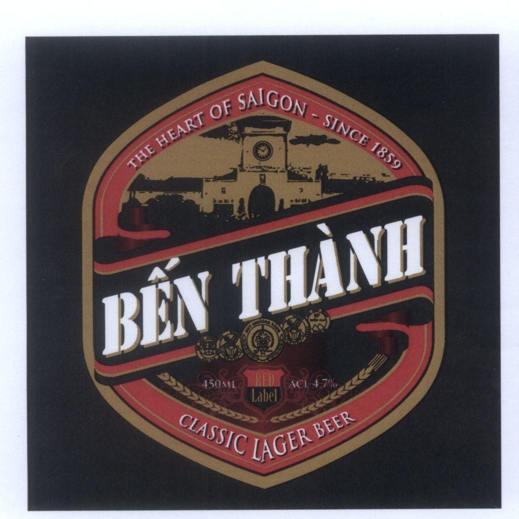 Mẫu nhãn hiệu Bến Thành THE HEART OF SAIGON - SINCE 1859 RED Label 450ML ACL 4.7% CLASSIC LAGER BEER