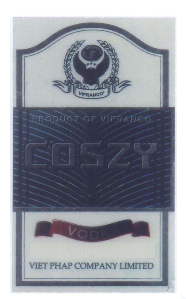 Mẫu nhãn hiệu COSZY VIFRANCO VP PRODUCT OF VIFRANCO VODKA VIET PHAP COMPANY LIMITED