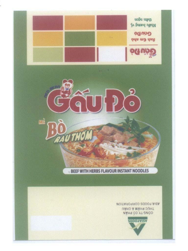 Mẫu nhãn hiệu RED BEAR Gấu Đỏ Anh em nhà Gấu Đỏ Nhiều hương vị thêm ngon Mì Bò RAU THƠM BEEF WITH HERBS FLAVOUR INSTANT NOODLES