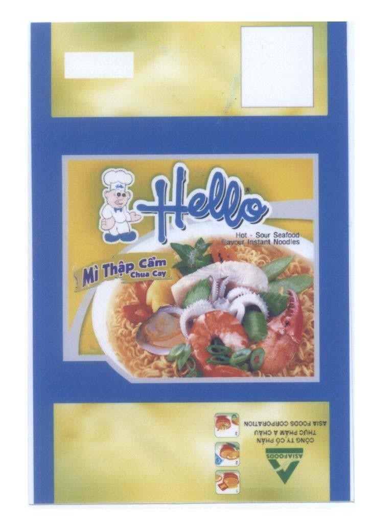 Mẫu nhãn hiệu Hello Mì thập cẩm chua cay Hot-Sour Seafood Flavour Instant Noodles Công ty cổ phần thực phẩm á Châu A ASIAFOODS