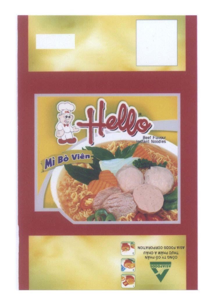 Mẫu nhãn hiệu Hello Mì bò viên Beef Flavour Instant Noodles Công ty cổ phần thực phẩm á Châu A ASIAFOODS