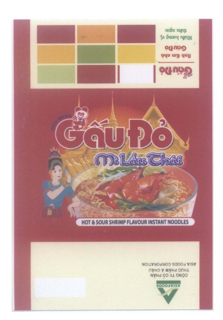 Mẫu nhãn hiệu RED BEAR Gấu Đỏ anh em nhà Gấu đỏ Mì lẩu thái HOT & SOUR SHRIMP BEEFSTEAK FLAVOUR INSTANT NOODLES
