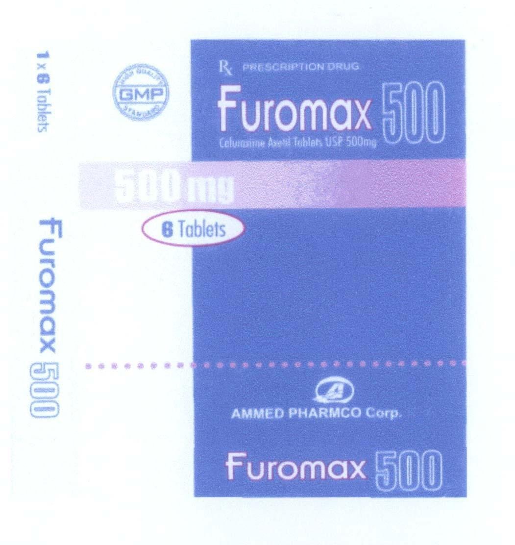 Mẫu nhãn hiệu Furomax 500 Cefuroxime Axetil Tablets USP 500mg PRESCRIPTION DRUG AMMED PHARMCO Corp. GMP RX High Quality1x6 Tablets