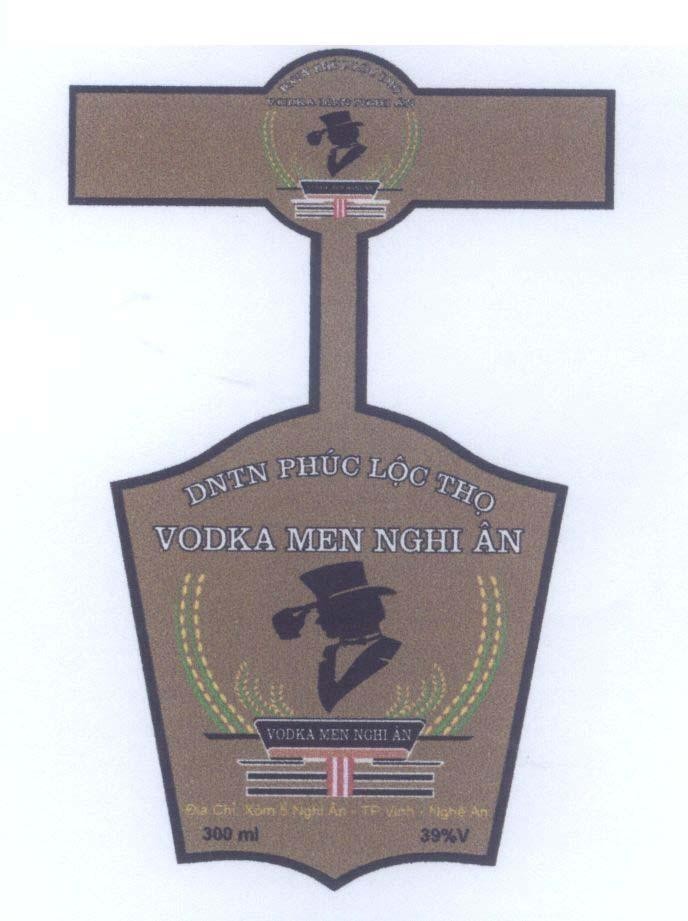Mẫu nhãn hiệu VODKA MEN NGHI ÂN DNTN Phúc Lộc Thọ Địa chỉ xóm 5 Nghi Ân TP Vinh Nghệ An 300ml 39%V