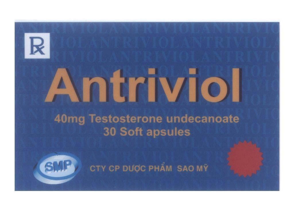Mẫu nhãn hiệu CTY CP Dược Phẩm SAO Mỹ Antriviol RX PX P R X SMP 40mg Testosterone undecanoate 30 Soft apsules