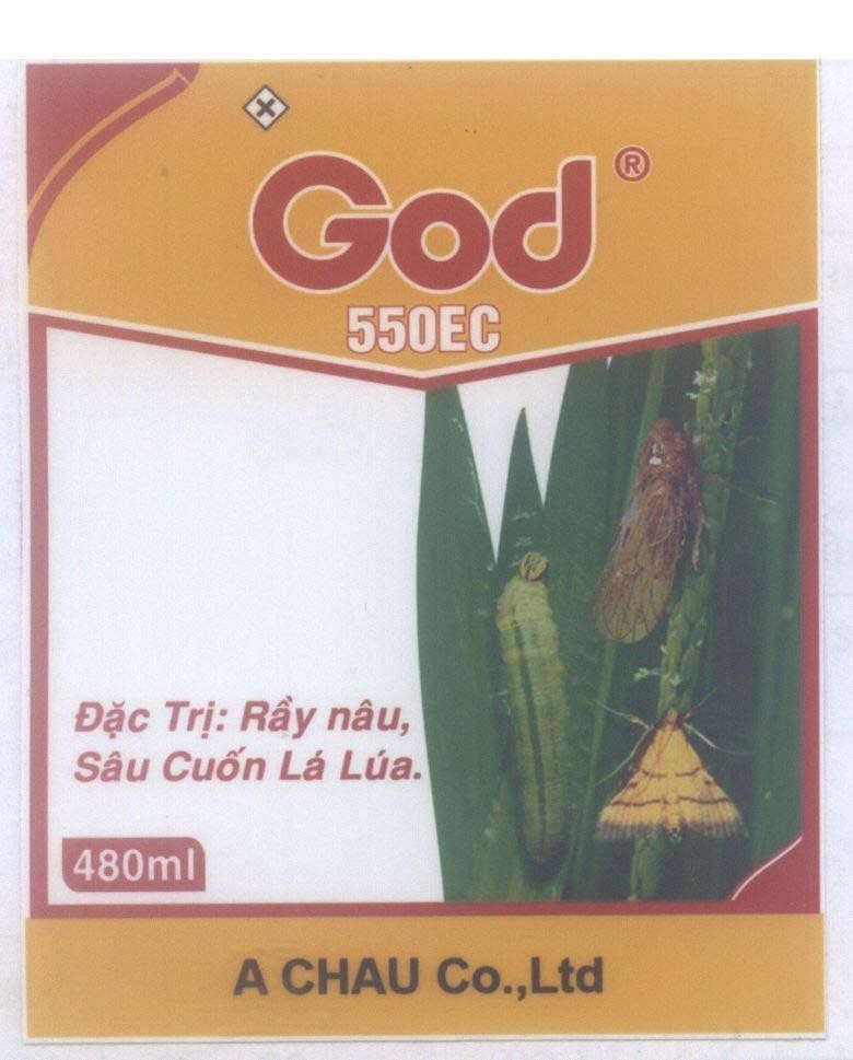 Mẫu nhãn hiệu God A CHAU Co., Ltd 550EC Đặc Trị: Rầy nâu, Sâu Cuốn Lá Lúa. 480ml