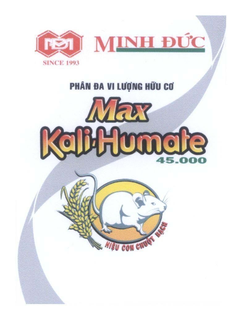 Mẫu nhãn hiệu Max Kali-Humate 45.000 Hiệu Con Chuột Bạch Minh Đức SINCE 1993 Phân Đa Vi Lượng Hữu Cơ MĐ