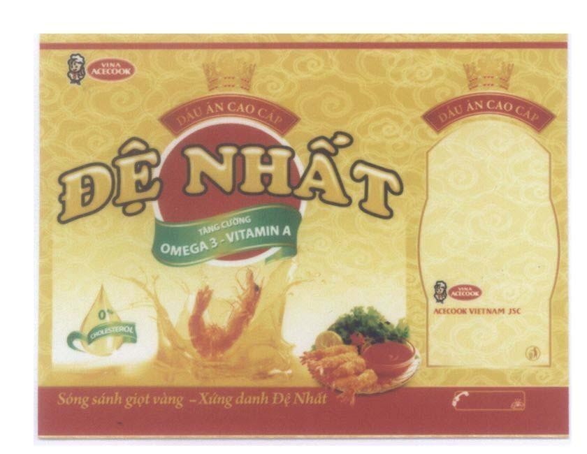 Mẫu nhãn hiệu DE NHAT VINA ACECOOK OMEGA 3 - VITAMIN A Dầu Ăn Cao Cấp Sóng sánh giọt vàng - Xứng danh Đệ Nhất ACECOOK Viet nam JSC